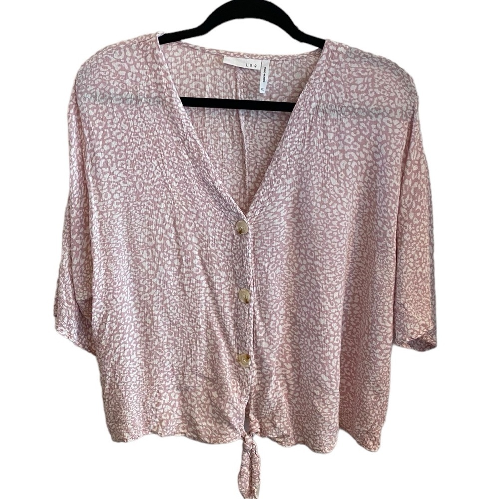 LUQ lavender and white animal print gauze button down tie uptop.